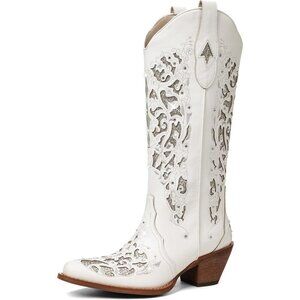 Women Microfiber White Rhinestones Pointed Toe Chunky Heel Knee High Boots